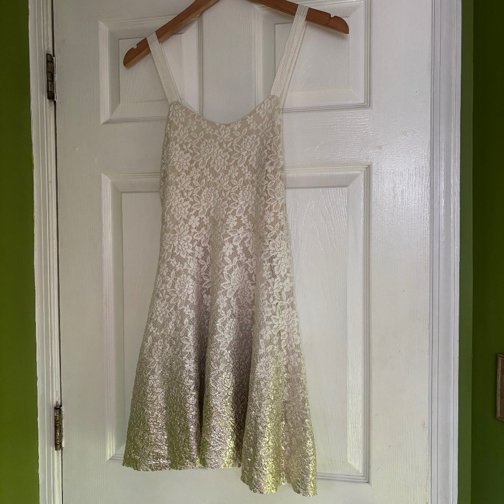 Free People Lace Foil Ombré Dress in Cream White Gold Silver